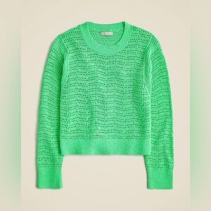 J Crew Sweater Pointelle Crew Neck Open Knit Cotton Green Small